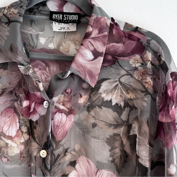 Vintage Byer Studio Sheer Floral Button Up Women’s 14 Cottage Core Green - Picture 6 of 10